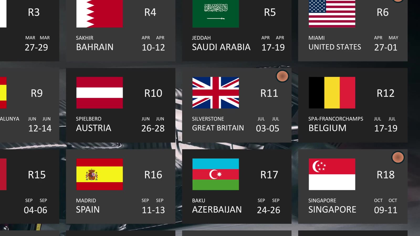 2026 F1 race calendar showing rounds 3-18 with country flags and dates