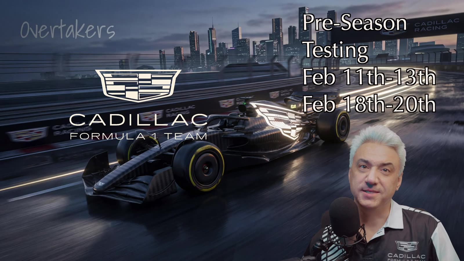 Cadillac Formula 1 Team logo with pre-season testing dates Feb 11-13 and Feb 18-20